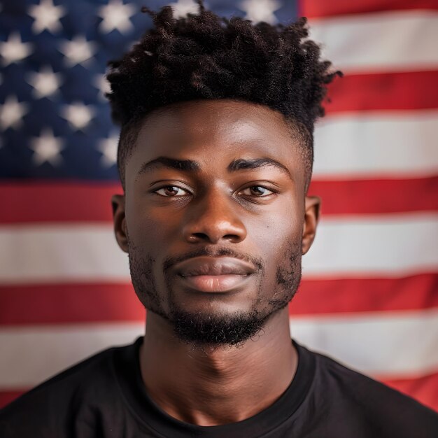 young black male usa American election voter portrait in front of American flag