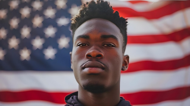 young black male usa American election voter portrait in front of American flag