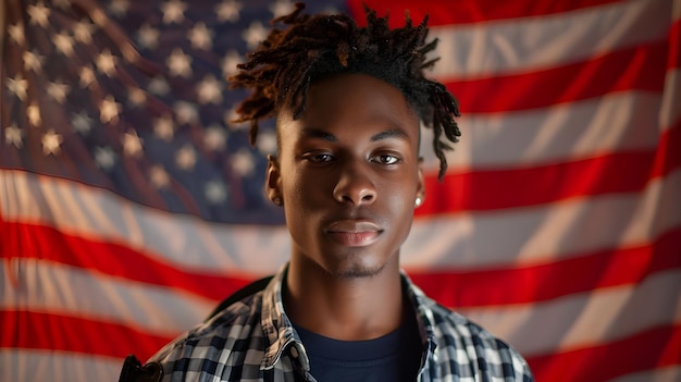 young black male usa American election voter portrait in front of American flag