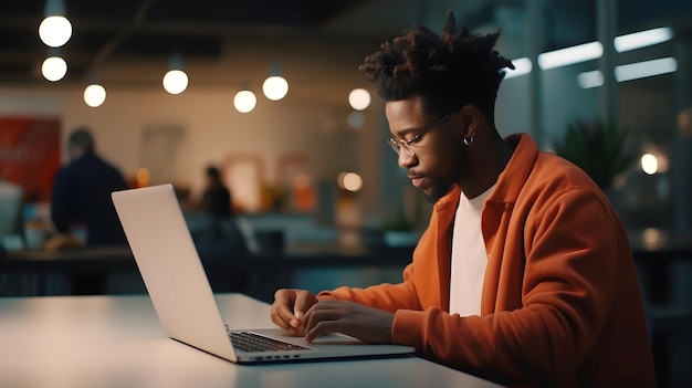 A young black male working with his laptop on the office room background with space for text