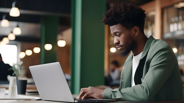 A young black male working with his laptop on the office room background with space for text