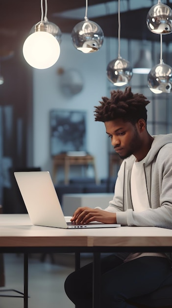 A young black male working with his laptop on the office room background with space for text