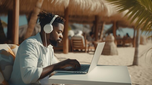 a young black male working with his laptop on relaxing beachside atmosphere background