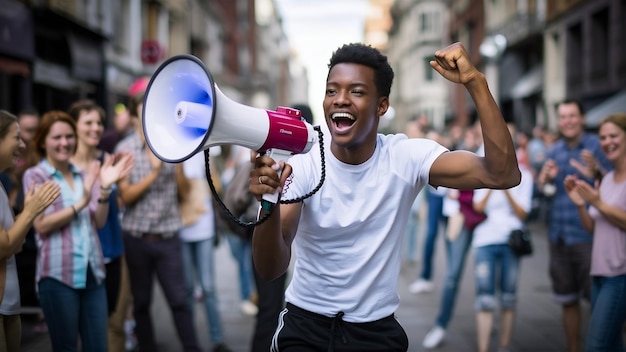 Young black man holdinga a megaphone shouting something happy to the front