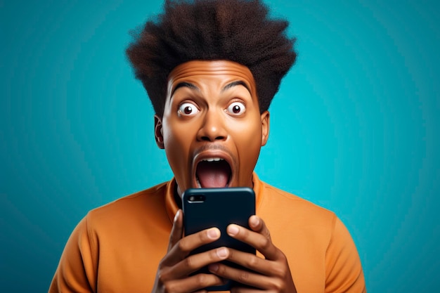 young black man is surprised to read a message on his mobile