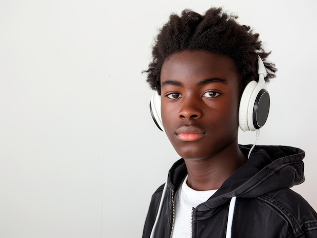 Young Black Man Listening to Music with Headphones