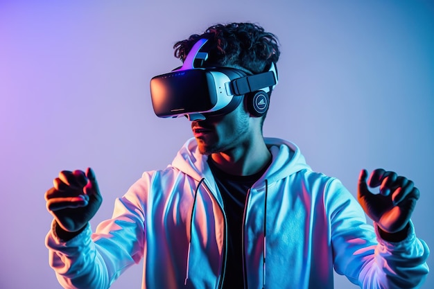 Young black man with virtual reality glasses gesturing Ai generated