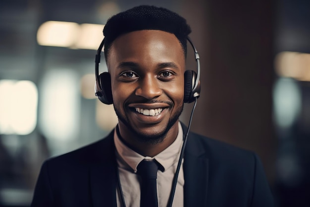 A young black man working as a call center agent for a company