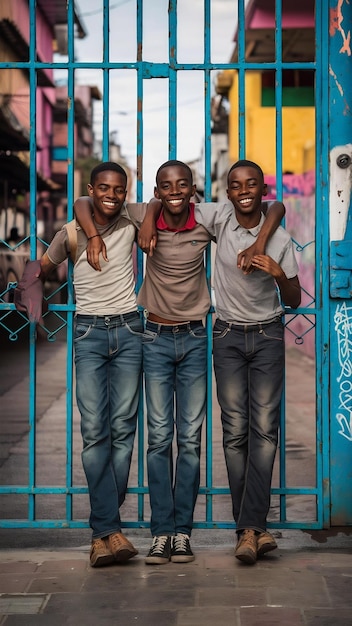 Photo young black spanish male friends standing in front of a blue metal gate