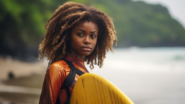 A young black surfer girl poses with a surfboard and looks at the camera on the beach by the sea Hobbies and Recreation Summer Travel Vacation concepts