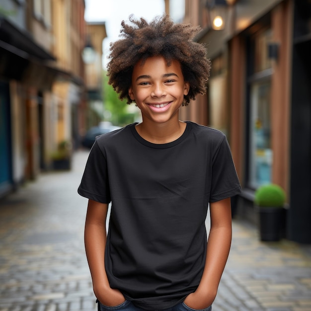 Young black teenager wearing empty blank tshirt for mockup