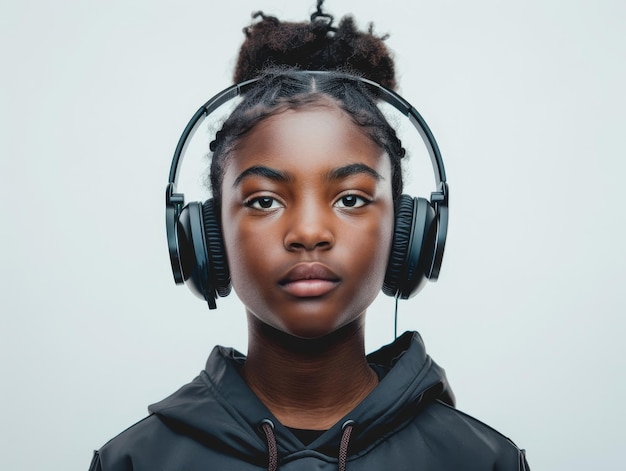 Young Black Woman in Headphones Portrait Music Studio