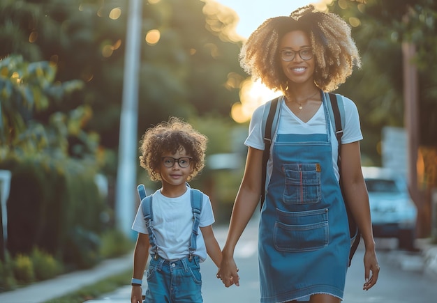 Young black woman holds the hand of her cute blond son wearing glasses