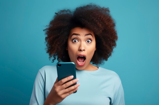 young black woman is surprised to read a message on her mobile