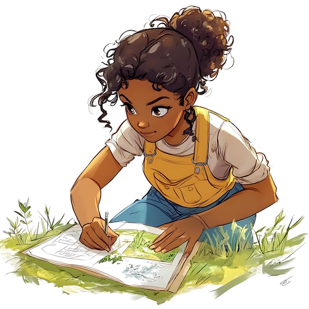 Photo young black woman sketches nature in a notebook