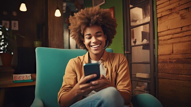 A young black woman smiles as she uses her phone her eyes focused on the screen