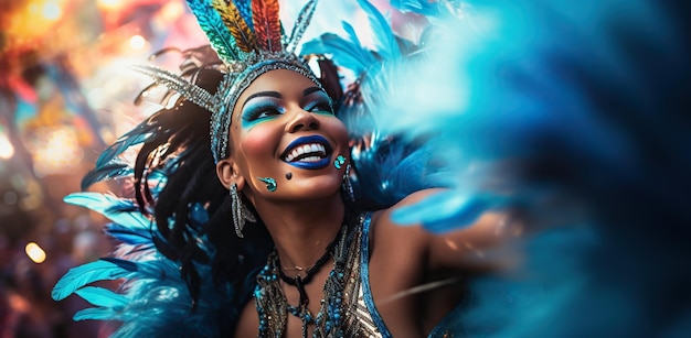 A young Black woman with long curly hair in a carnival mask laughing amidst blue feathers