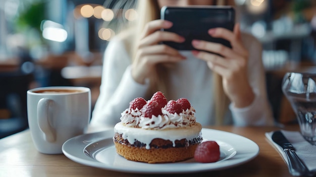 Photo young blogger taking picture of delicious dessert at table in cozy cafe