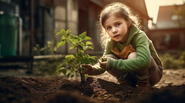 A young blond child planting a vegetable in their garden generative ai