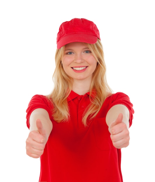 Photo young blond woman dressed dealer with red uniforms saying ok