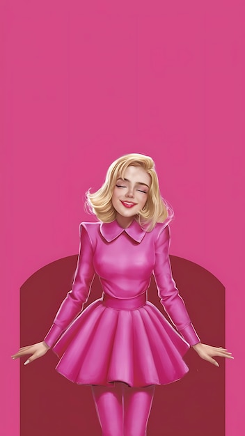 A young blond woman in pink clothing stands against a solid pink background