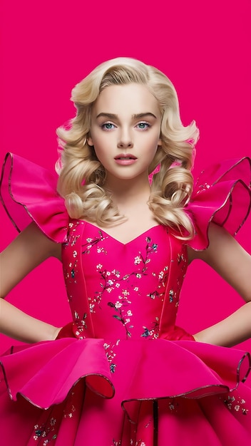 A young blond woman in pink clothing stands against a solid pink background