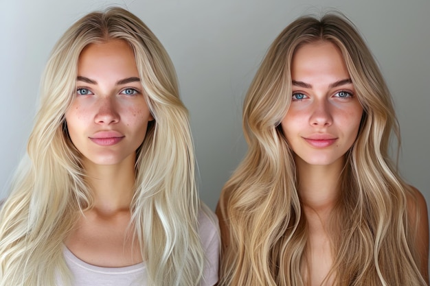 Young blonde before and after getting her hair colored and cut at a beauty salon Generative Ai