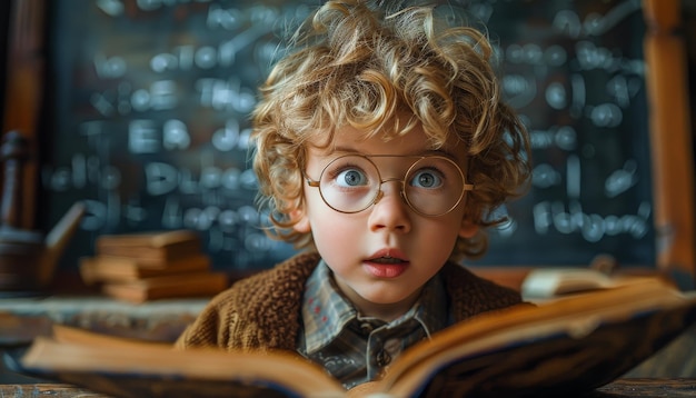 Photo a young blonde boy with glasses is reading a book a charming and detailed image of a young boy with round glasses looking shocked as he reads from an open book