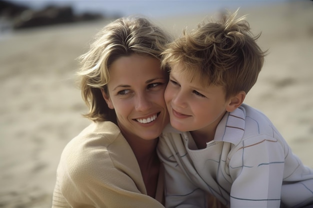 Young blonde mother kneeling hugging her son at beach Generative AI illustration