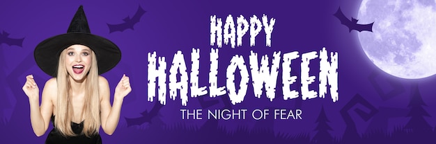 Young blonde woman in black hat and costume on scary purple background. Attractive female model against big moon midnight. Black friday, cyber monday, sales, autumn concept. Flyer for your ad.