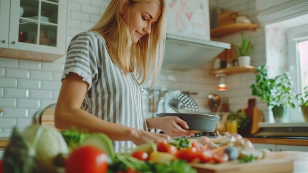 Photo young blonde woman cooking in the kitchen healthy food dieting concept healthy lifestyle cooking at home prepare food ar 169 style raw v 6 job id 45e29d4d7a8e4f13868e306c4f408271