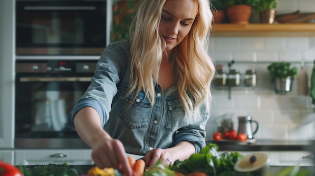 Photo young blonde woman cooking in the kitchen healthy food dieting concept healthy lifestyle cooking at home prepare food ar 169 style raw v 6 job id 45e29d4d7a8e4f13868e306c4f408271