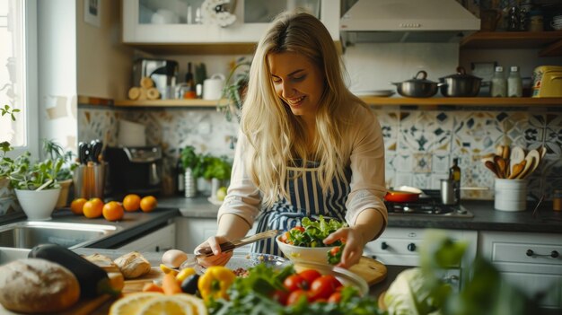 Photo young blonde woman cooking in the kitchen healthy food dieting concept healthy lifestyle cooking at home prepare food ar 169 style raw v 6 job id 45e29d4d7a8e4f13868e306c4f408271