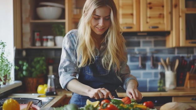 Photo young blonde woman cooking in the kitchen healthy food dieting concept healthy lifestyle cooking at home prepare food ar 169 style raw v 6 job id 45e29d4d7a8e4f13868e306c4f408271