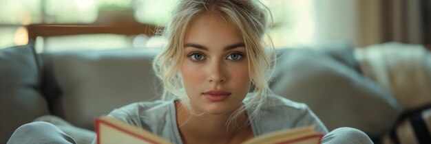 Young blonde woman reading a book while lying on a couch in a sunlit living room