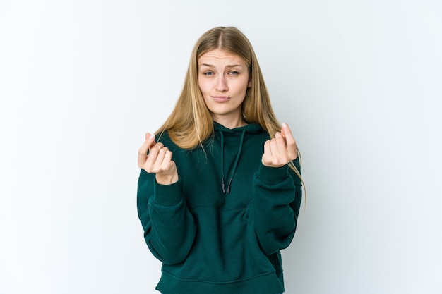 Young blonde woman showing that she has no money