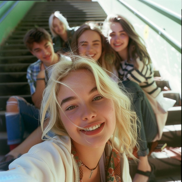 Young blonde woman taking a selfie with her friends