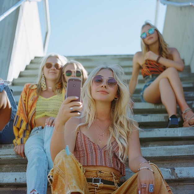 Young blonde woman taking a selfie with her friends