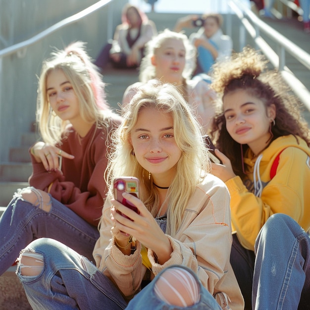 Young blonde woman taking a selfie with her friends