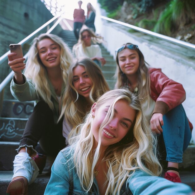 Photo young blonde woman taking a selfie with her friends