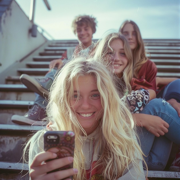 Young blonde woman taking a selfie with her friends