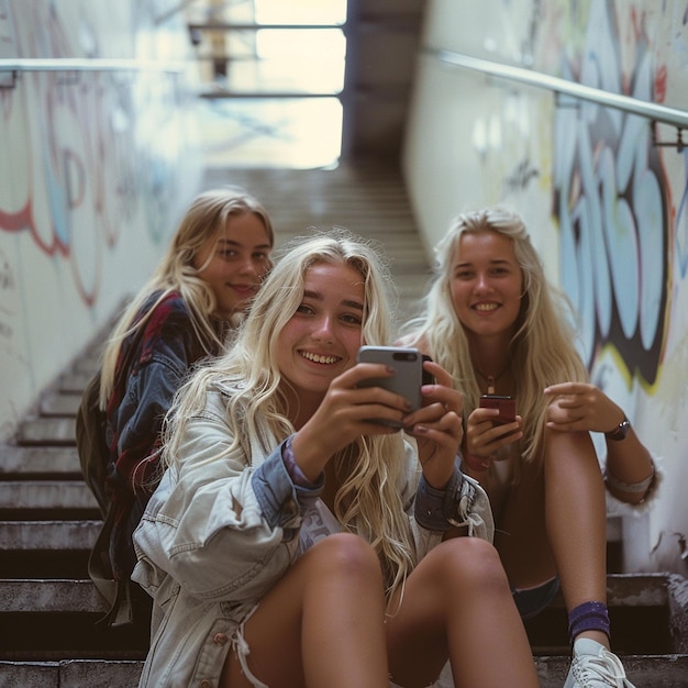 Young blonde woman taking a selfie with her friends