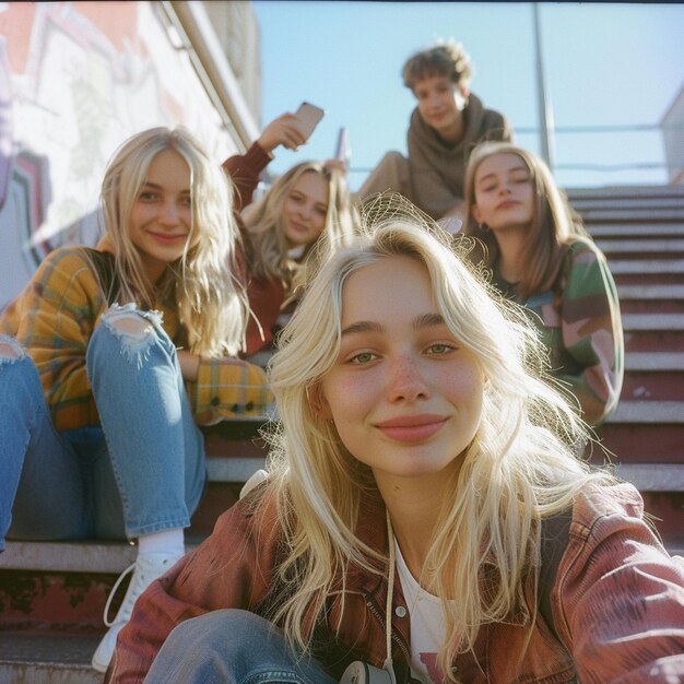 Young blonde woman taking a selfie with her friends