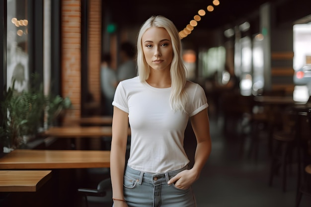 Young blonde woman wearing bella canvas white t shirt and jeans at a cozy restaurant on summers day Design tshirt template print presentation mockup Ai generated