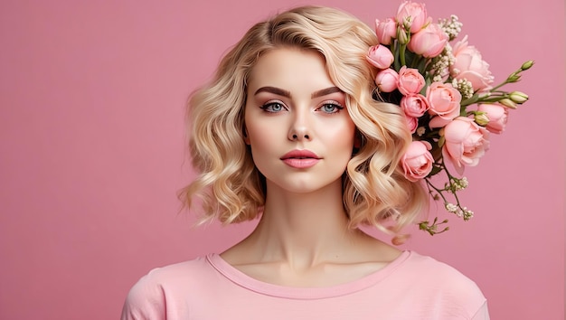 Young blonde woman with hairstyle of spring flowers in her hair on white solid background banner with copy space Feminine beauty portrait makeup hairstyle stylist feminine energy AI generated