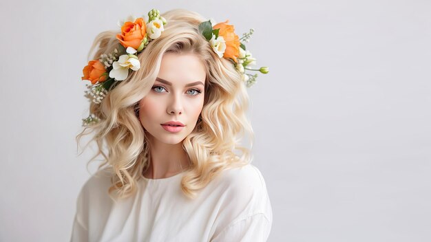 Young blonde woman with hairstyle of spring flowers in her hair on white solid background banner with copy space Feminine beauty portrait makeup hairstyle stylist feminine energy AI generated