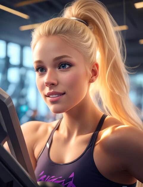 young blonde woman with tied hair training at the gym