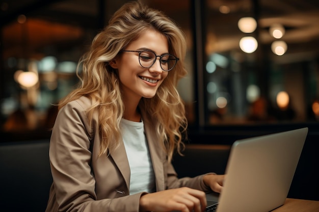 Young blonde woman working on a laptop Generative Ai