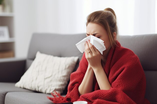 A young blonde woman wrapped in a red blanket is blowing her nose with a tissue appearing to have a cold seated on a sofa with a white pillow and a cup in the foreground