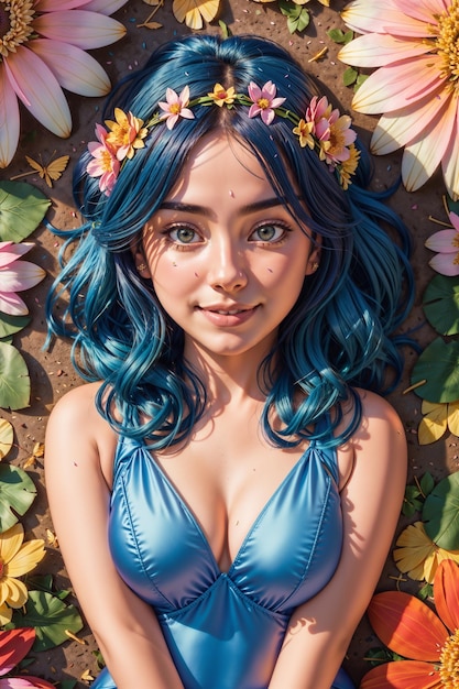 young blue haired woman smiling lying on flowers flower crown swimwear